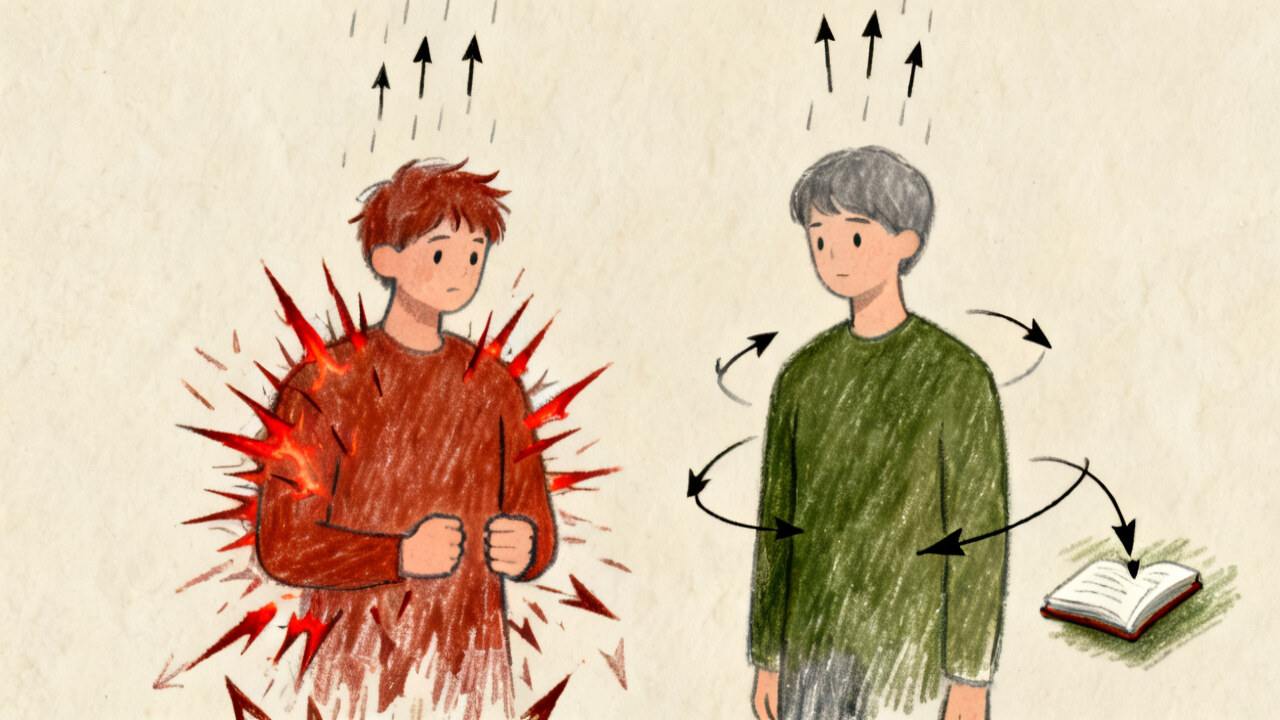 同样三支刺激箭(K线大跌/一句批评/反对意见):自尊钉在"我必须是对的"的人全身发炎;钉在客观事实上的人,把刺激记成一条更新评估的数据